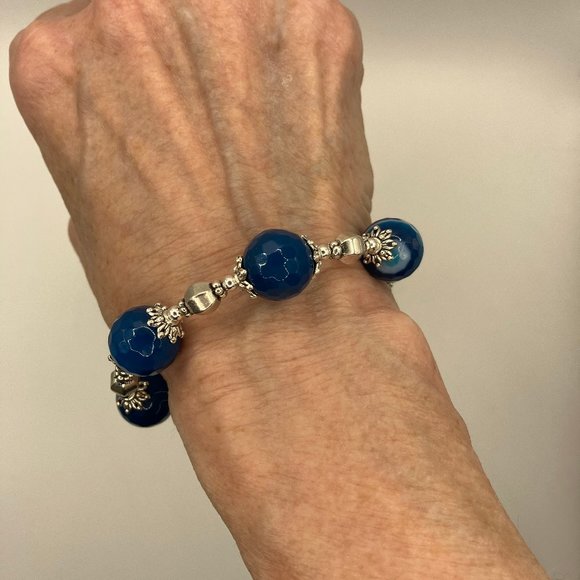 DARK Blue Agate Beaded Bracelet Large Agate Faceted Bead 14mm Grade A NEW - Picture 6 of 13